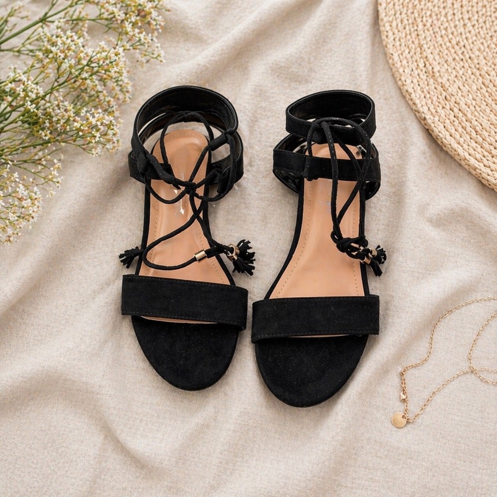 Trends Up Collection Darcie 22 Black Lace Up Tassel Block Heel Sandals Womens 9